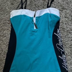 Harley Davison women’s tank top, size small, blue and black spaghetti strap.